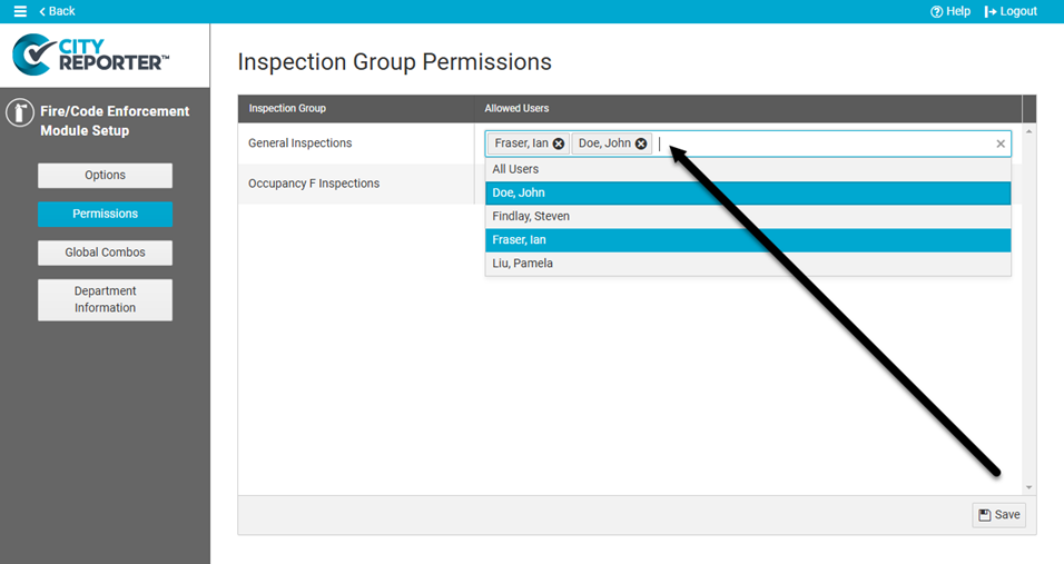 select inspection group permissions in fire module